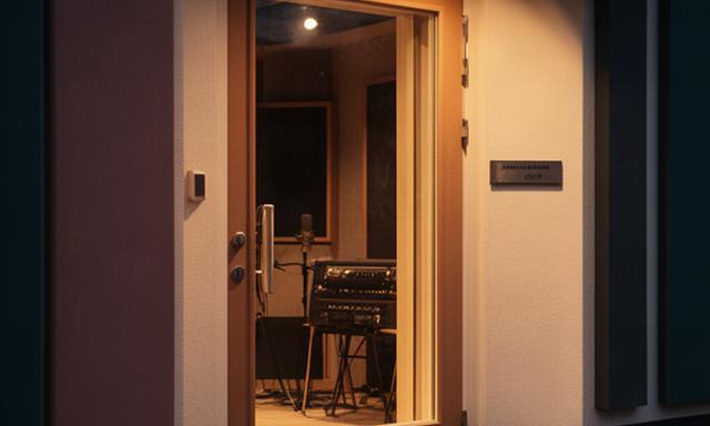Deur van een geluidsstudio aan de Zeswielen in Alkmaar met warme studiobelichting