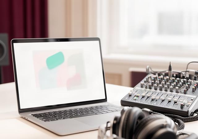 E-learningmodule op een laptop naast een audiomixer en koptelefoon in een lichte studio
