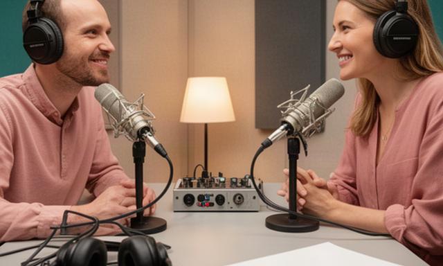 Twee podcasters in gesprek aan tafel met koptelefoons en microfoons