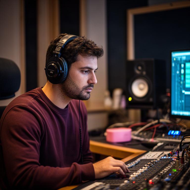 Mfaddal Ijsbeer met koptelefoon tijdens een mixsessie in de studio